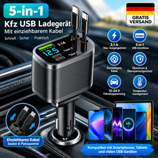 5-in-1 Kfz USB Autoladegerät 12–24 V mit einziehbarem Kabel 5-in-1 Kfz USB Autoladegerät 12–24 V mit einziehbarem Kabel