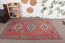 Turkish 4,3x7 ft Rug, Area Vintage Rug, Red B...