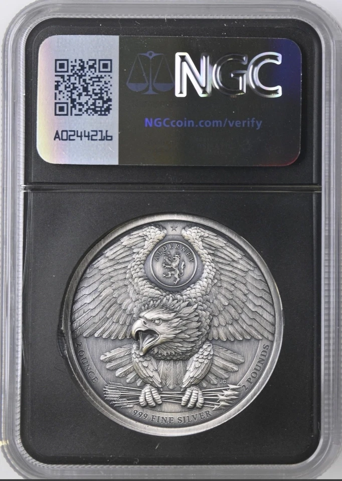 2025 Alderney UK £2 LADY LIBERTY 2 Oz Silver UHR NGC MS70 Antiqued FR - CLARK - Image 3 of 4