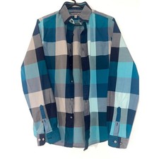 Express Mens Fitted Blue Grey Buffalo Plaid Long Sleeve Button Down Shirt Small