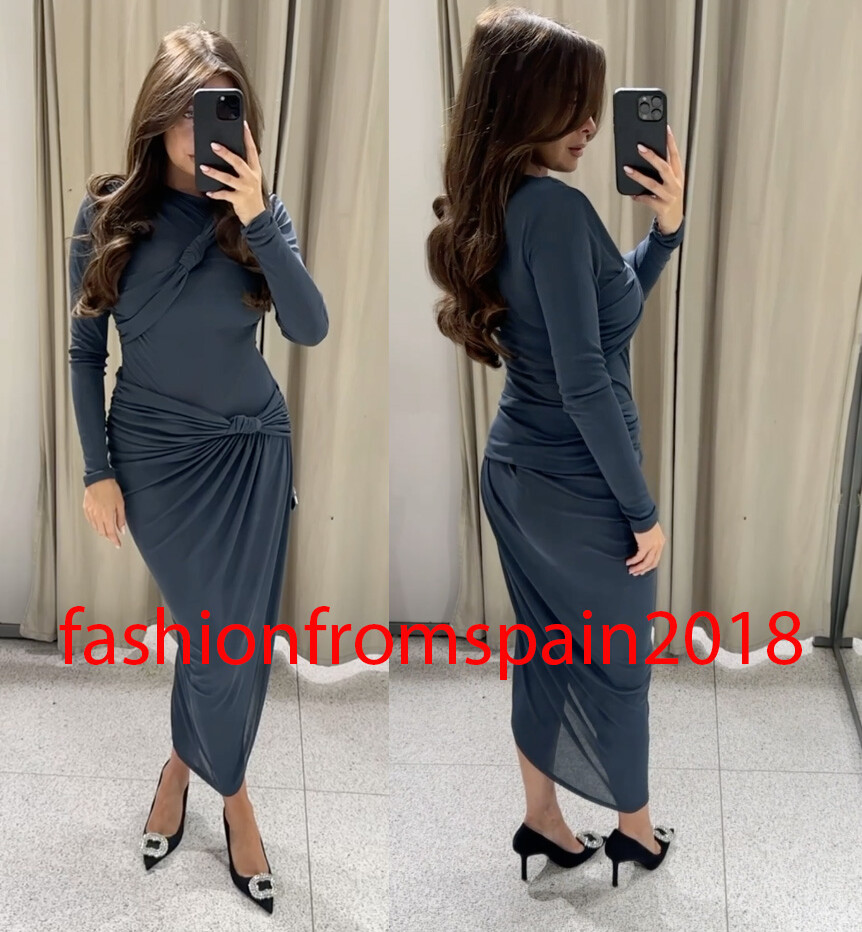 ZARA NEW WOMAN MIDI ZW COLLECTION ASYMMETRIC DRESS WITH KNOTS BLUE