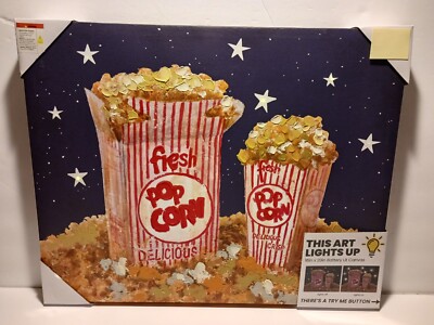 LED  Popcorn Light Up Canvas Wall Art 20'' x 16'' Red Yellow Stars 3 AAA Batteries