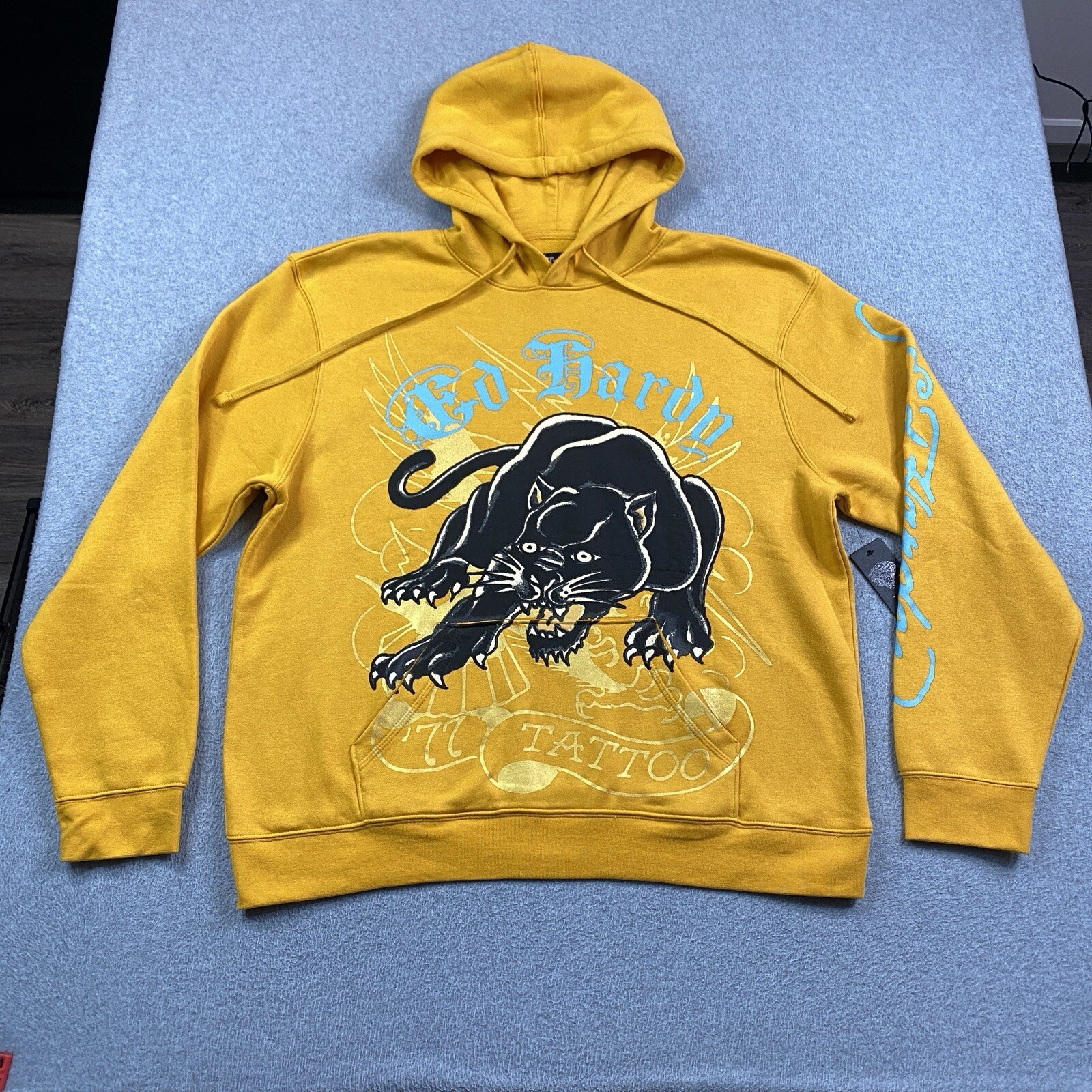 NEW Ed Hardy Hoodie Mens XL Crouching Panther Graphic Print Fleece Marigold NWT