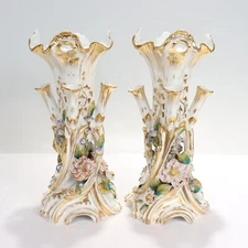 Pair Antique Jacob Petit Style Old Vieux Paris Porcelain Flowers Vases.