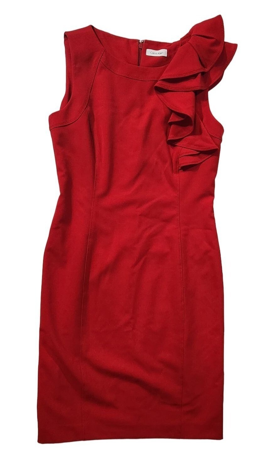 Calvin Klein Womens Red Ruffle-Shoulder Sheath Dress Size Small (See Measurement