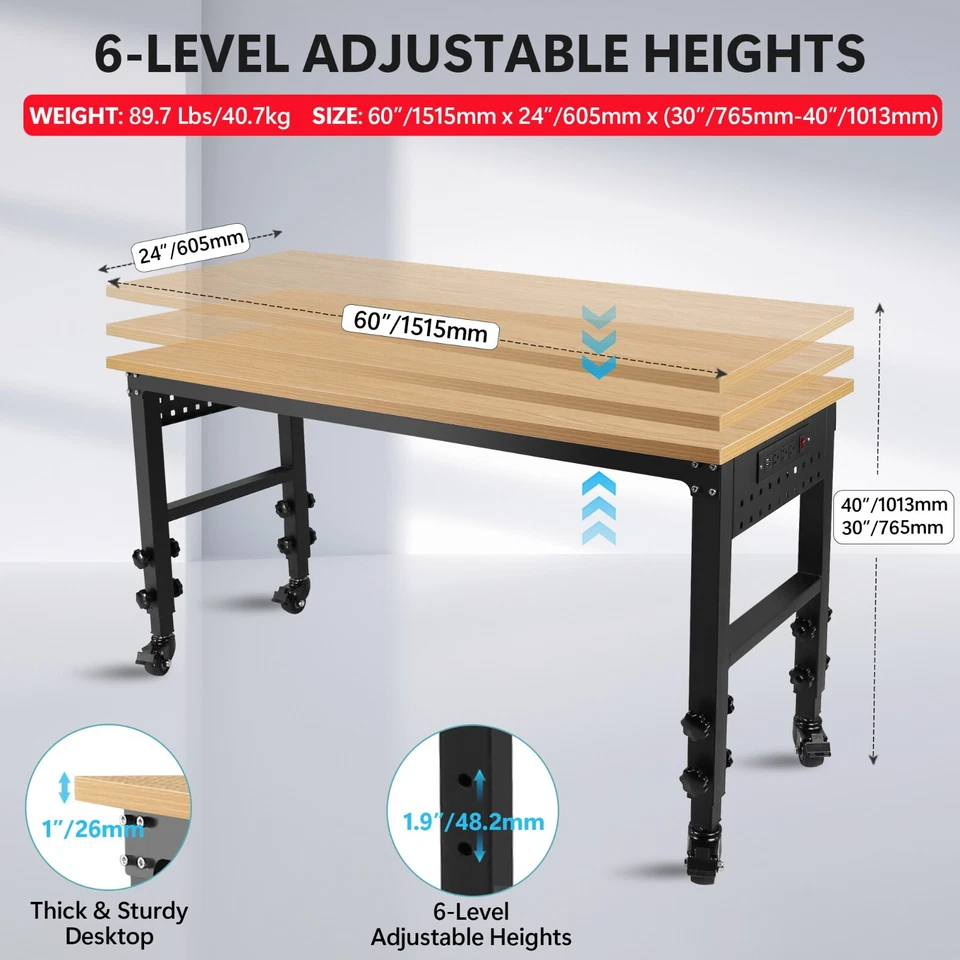 60"Rolling Adjustable Heavy Duty Workbench with Rubber Wood Top Working - Image 2 of 4