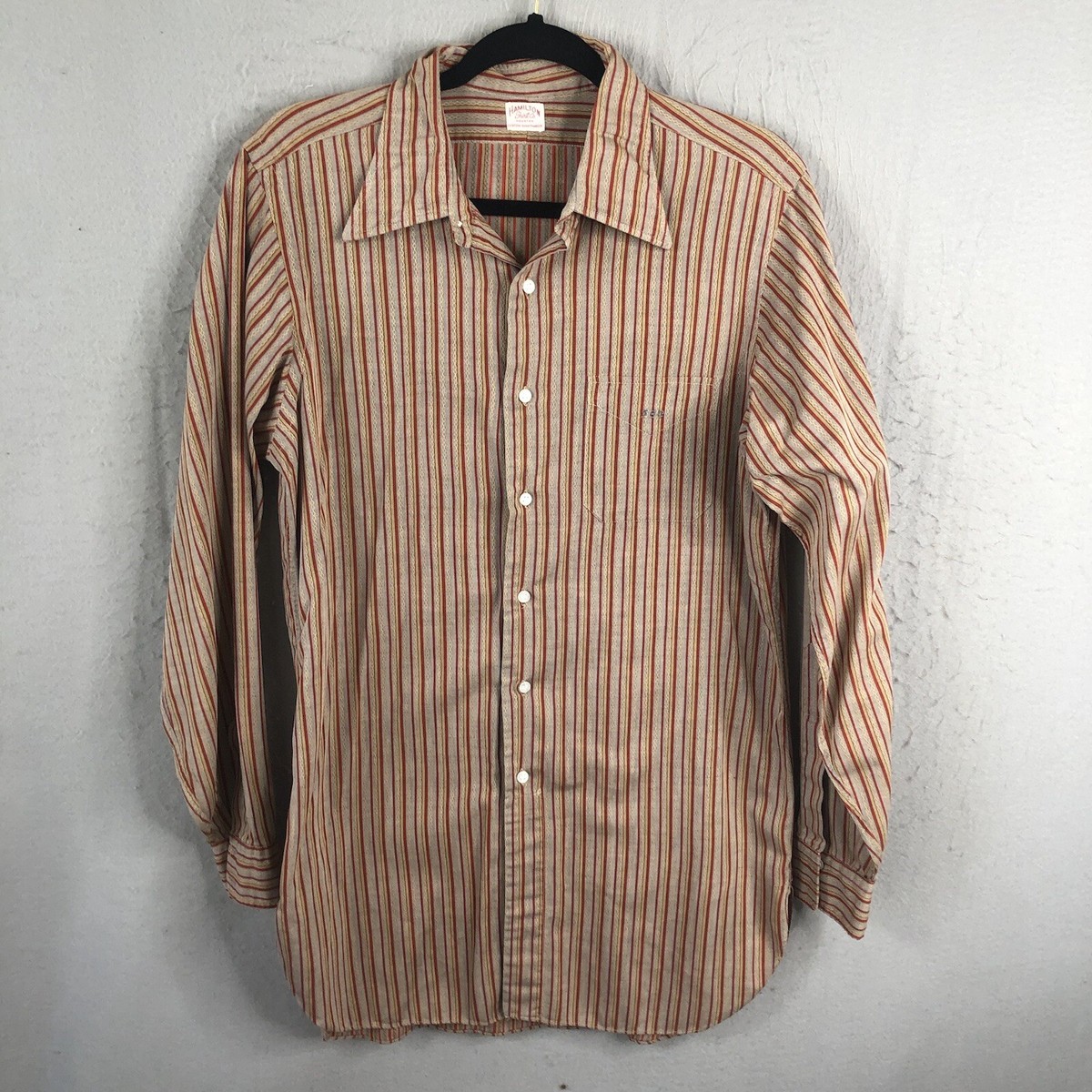 Vintage Hamilton Shirt Co Mens Medium Gray Red Striped Retro Rave