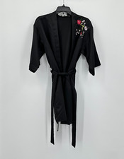 Flora Robe Womens S/M Black Embroidered Floral Satin Kimono Sleeve Lightweight