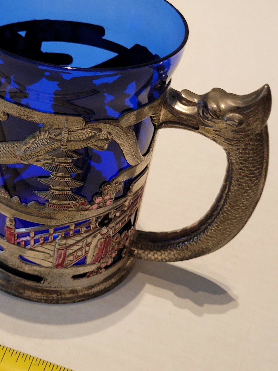 Vintage Japanese Cut Silver Plated Stein Tankard & Cobalt