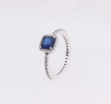 Size 7/54 Authentic PANDORA Blue Square Sparkle Halo Silver Ring 198863C02 w/BOX