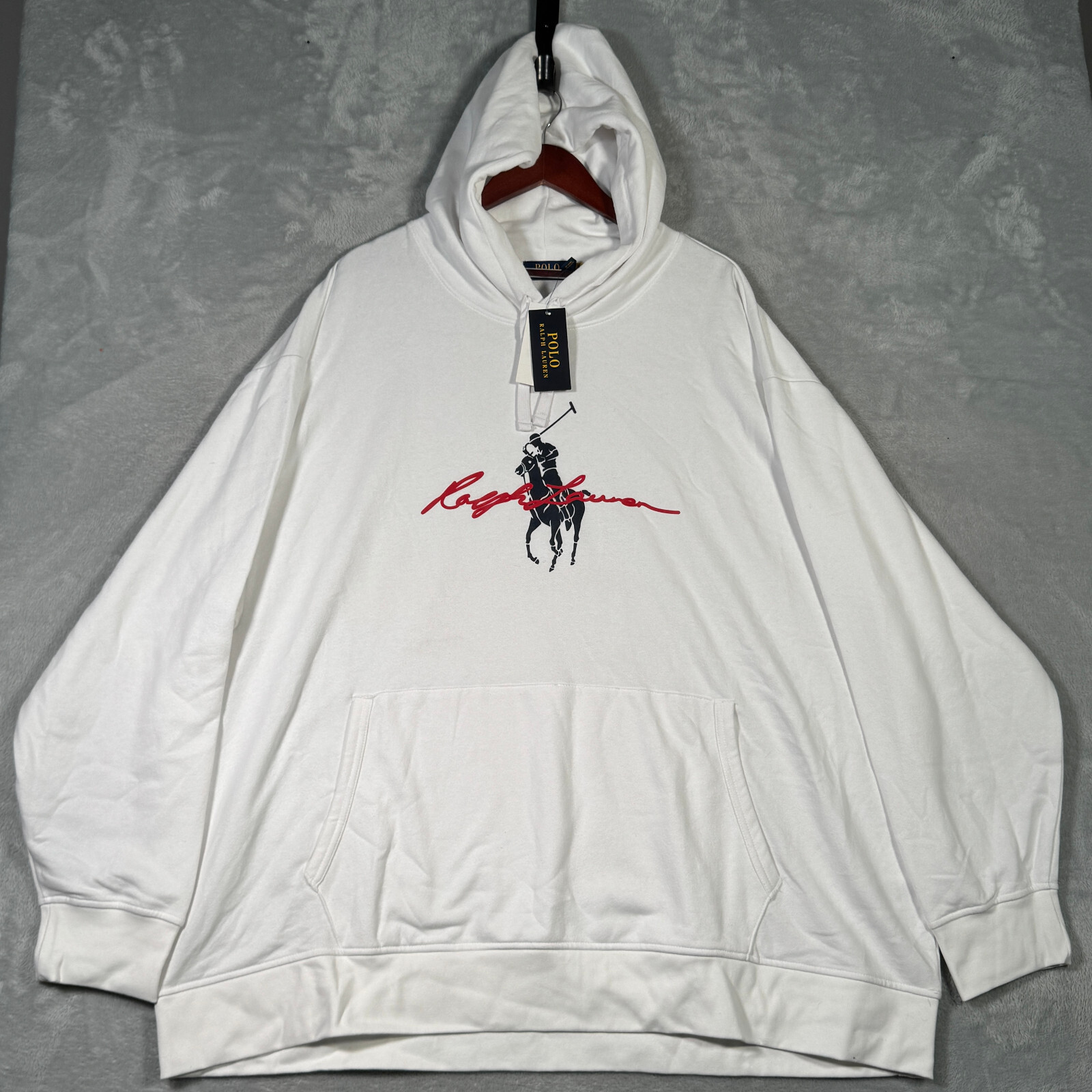 Ralph Lauren Felpa con Cappuccio Uomo 4XB 4XL Grande Bianco Pony Pullover Polo Pile