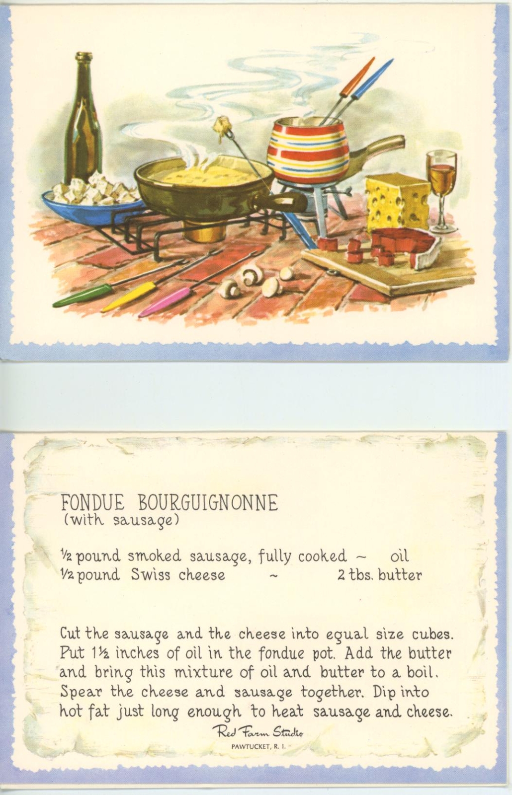 VINTAGE SWISS CHEESE WINE RECIPE BOURGUIGNONNE SAUSAGE FONDUE CARD