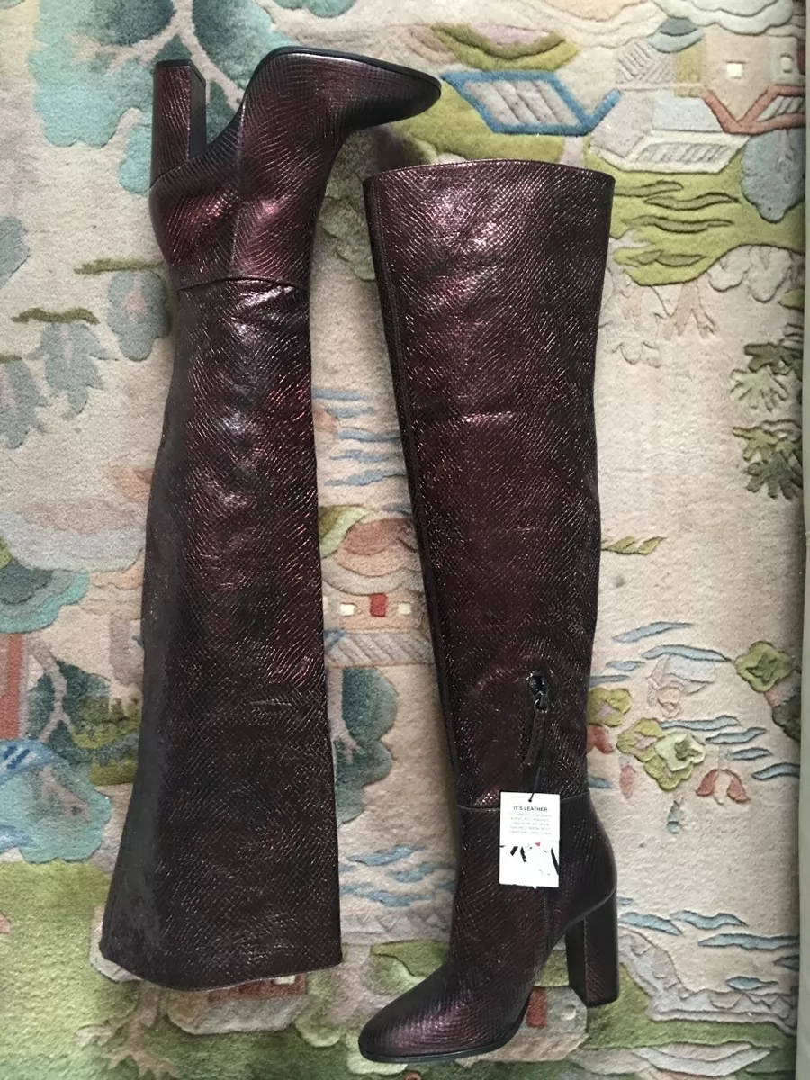 Zara XL Over The Knee Burgundy Leather Metallic Boots Size 4 BNWT