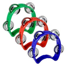 Pack of 3 Half Moon Musical Tambourine, Double Row Metal 4 Red & Blue & Green