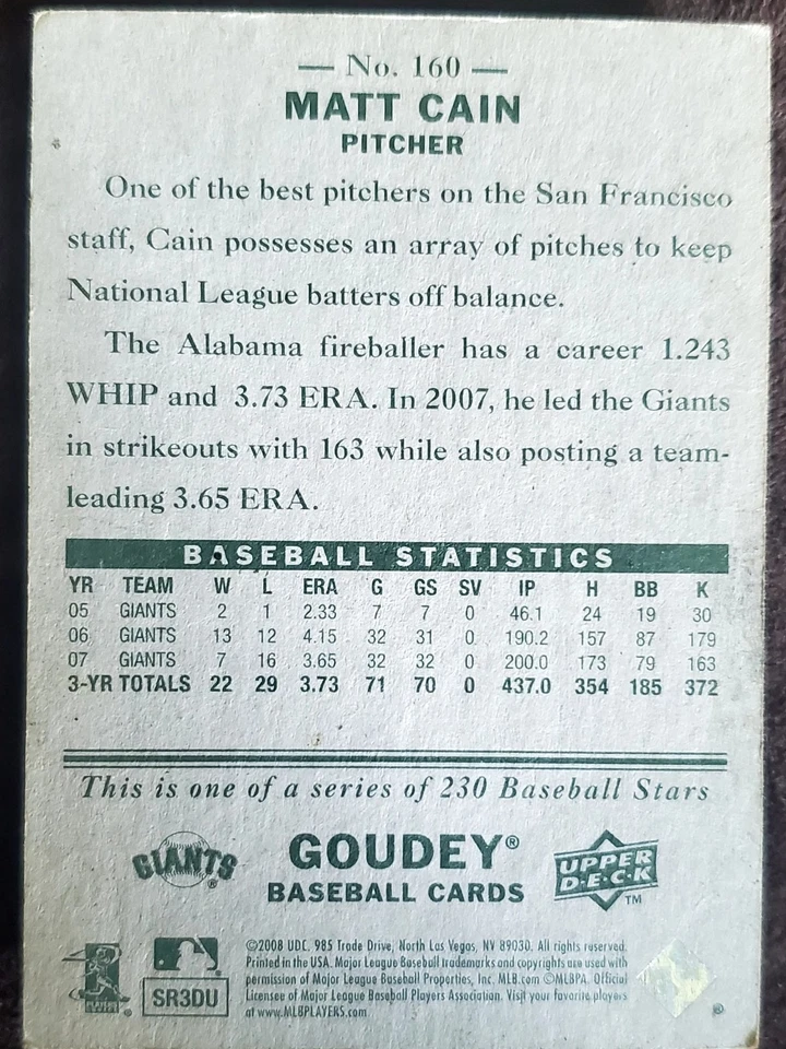 Upper Deck Goudey 2008 - Matt Cain #160 Foto 2 de 2