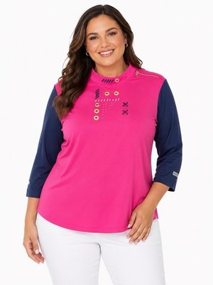 Jamie Sadock XL Pink Blue Mock Neck Stretch Golf Top 3/4 Sleeve Studded