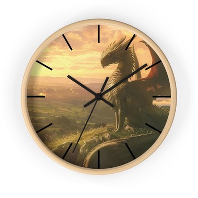 Round Clock Sunset Dragon Beautiful Silent Analog Wall Clock 10'' Wood Frame