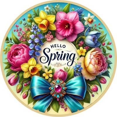 Hello Spring Floral Round Aluminum Wreath Sign with Bow Easter Decor