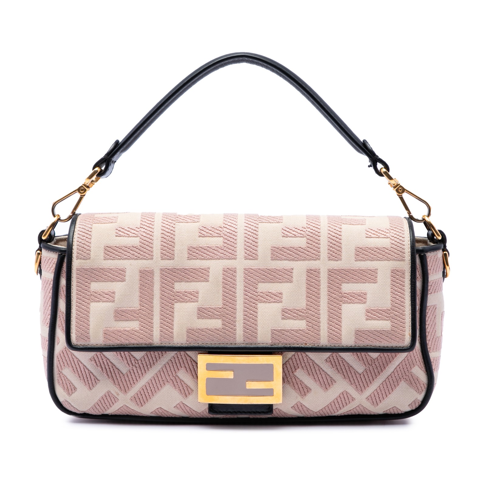 Fendi Zucca Embroidered Canvas Baguette Satchel Pre-Loved Light Pink