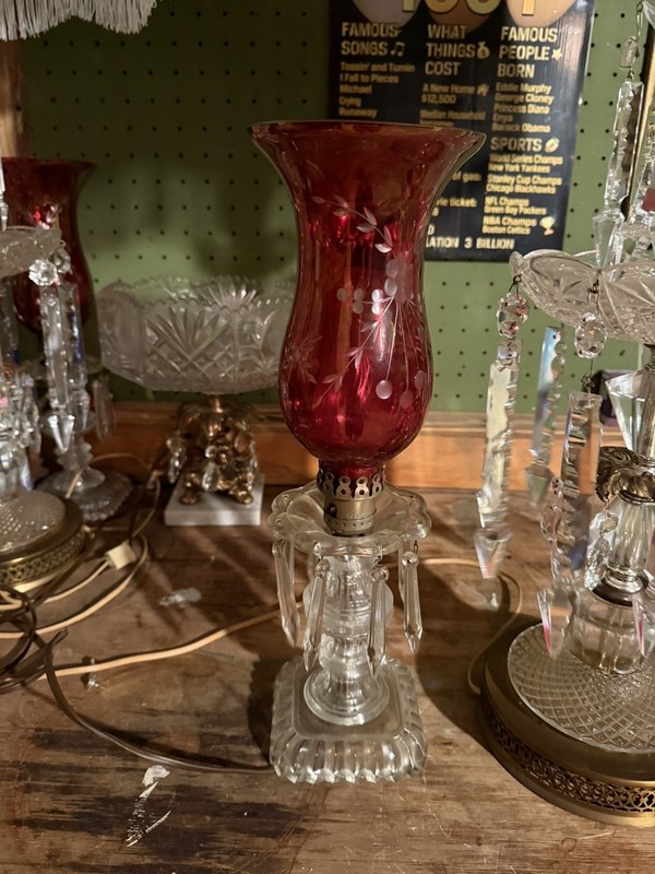 Vintage Crystal Boudoir Lamp Etched Ruby Red Chimney Prisms Electric 