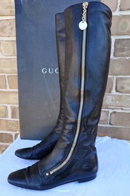 Gucci Black Leather Knee High Riding Boots Gold Zip Medallion Sz 6 with box bag