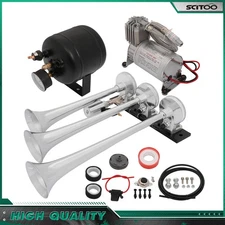3 Trumpets Train Air Horn Compressor Tank Kit For Car Train Truck Vans Ship 12V