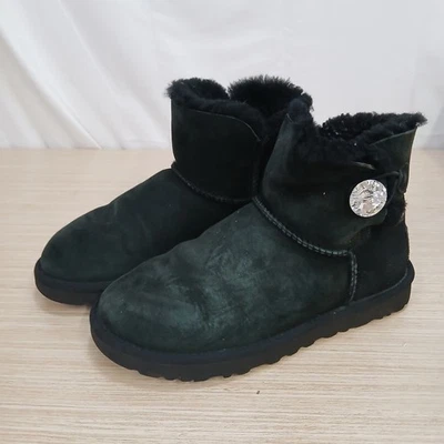 UGG Mini Bailey Button Bling Purple Suede Sheepskin Rhinestone Boots UK 3