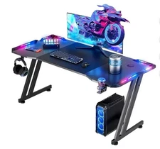 Gaming Desk Computer Workstation with Headphone Hook Cup Holder LED Lighting