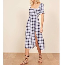 Reformation Marabella Linen Midi Dress Puff Sleeve Gingham Checkered Blue Size M