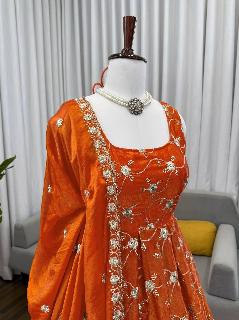 Stunning Heavy Fendy Silk Orange Gown Bottom With Dupatta For Women Wear thumbnail 5