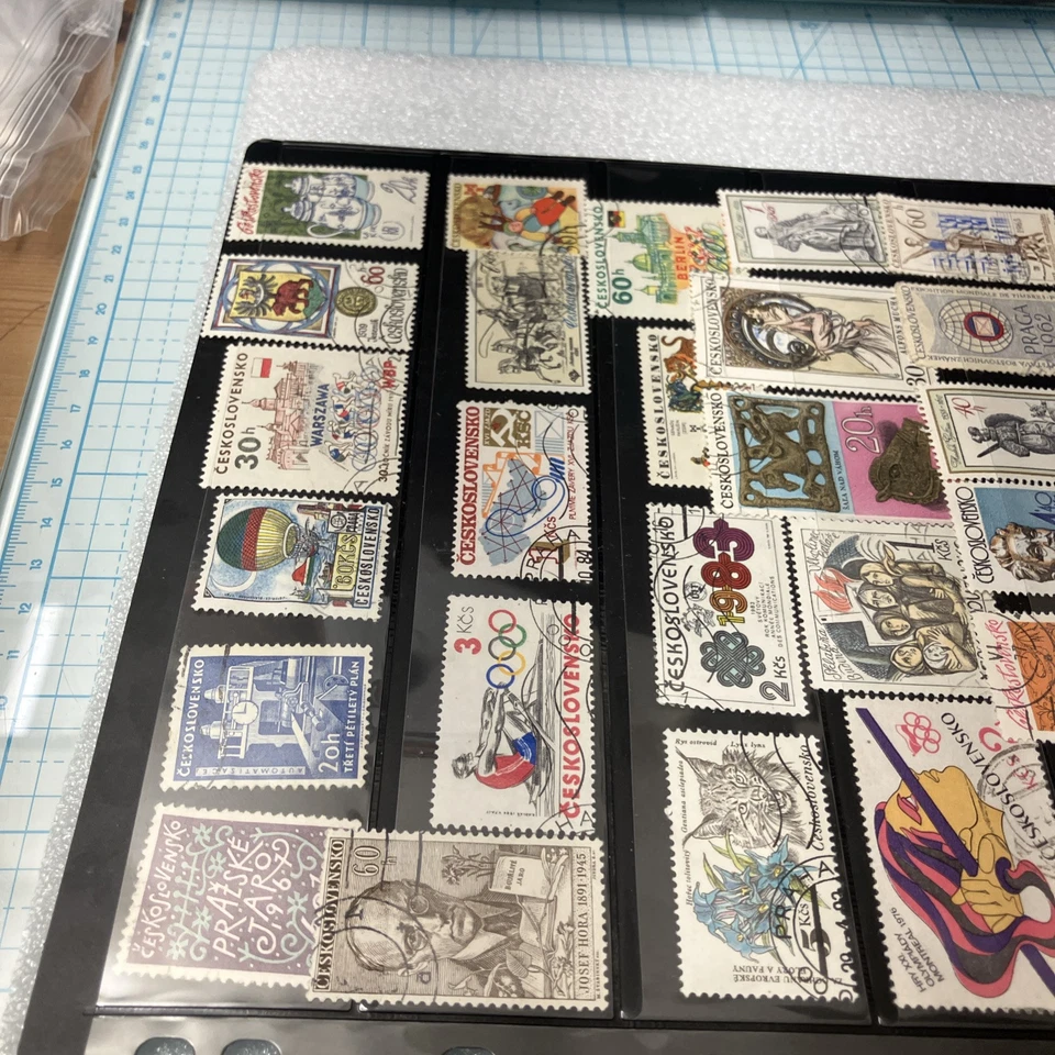 65+ Vtg USED Czechoslovakia 1955-1985 Colorful Stamps, on Plastic Stamp Sheet. - Image 3 of 4