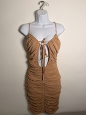 Forever 21 Beige Mesh Ruched Tie Bodycon Mini Dress Sleeveless V-Neck Size S