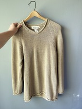 Vintage Roll Neck Sweater Womens M Cream Linen Cotton Neutral Fisherman Classic