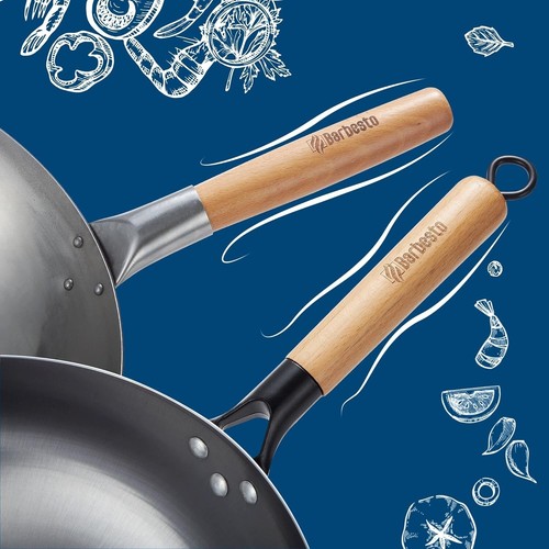 Kohlenstoffstahl Wok Set I flache oder runde Basis für Gas, Induktion und - Bild 6 von 9