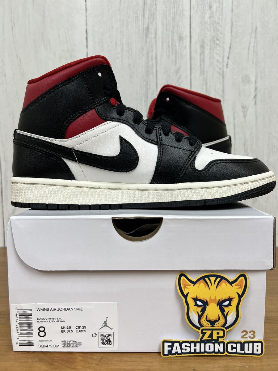 Nike Air Jordan 1 Mid White Black Red Panda Shoes BQ6472-061 Women's  Sizes