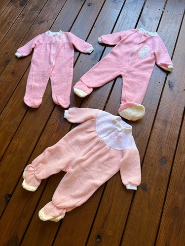 Vintage 80's England English set of 3 pastel pink fleece baby one pieces footies - Picture 3 of 22