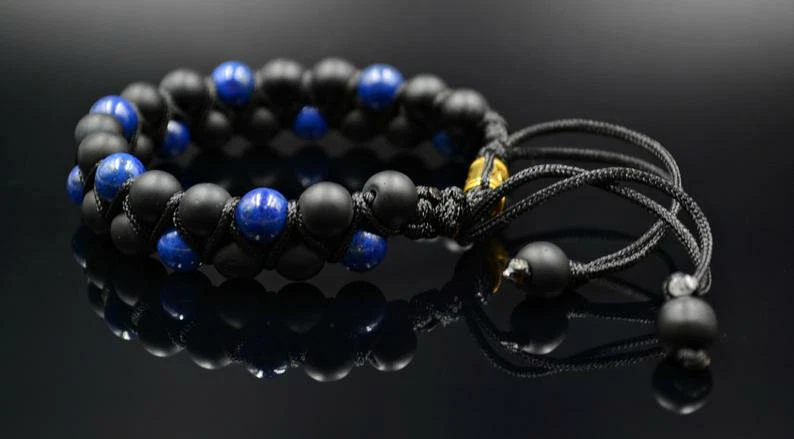 男式 Lapis lazuli Onyx 双排宝石手链 Macrame 礼物送给他 — 第 3/4 张图片