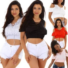 Damen Bauchfreies Crop Top | Satin | Stretch | Gesmokter Taillenbund | CutOut