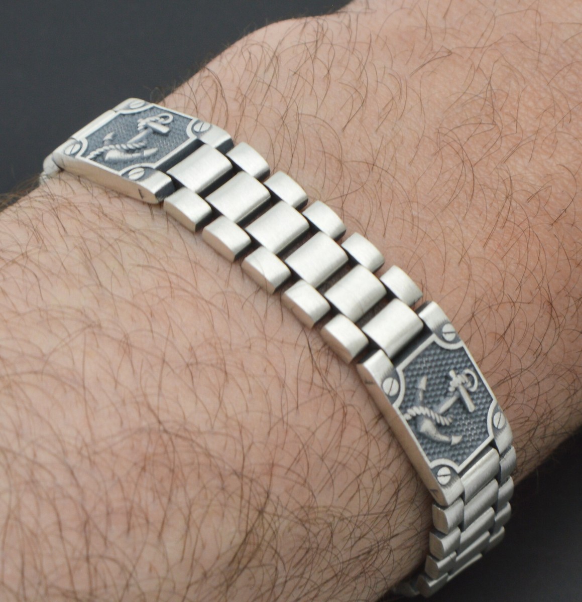 Solid 925 Sterling Silver Oxidized Anchor Rolex link Bracelet