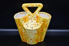 MCM 1970's Yellow Splatterware Bud Vase / Flower Frog Utensil Caddy Byron Molds