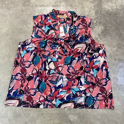 Nipon Boutique Blouse Womens 2X Multicolor Flamingo Sleeveless Office Tie Neck
