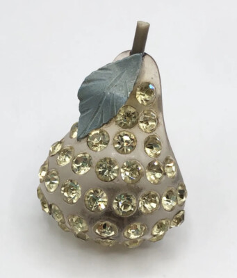 Vintage Forbidden Fruit Lucite Rhinestone Pear Brooch Pin