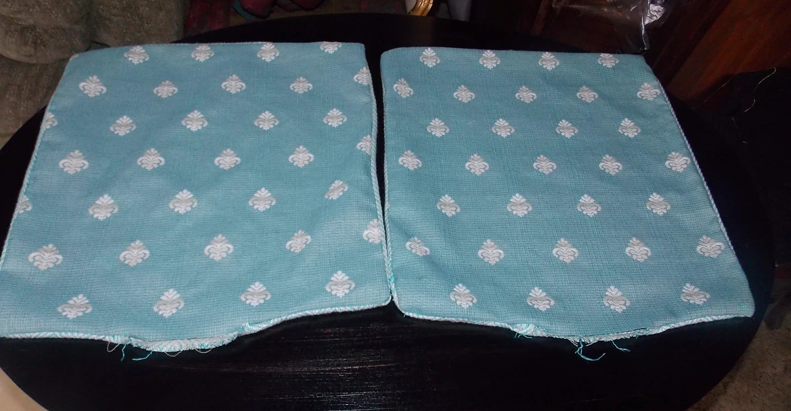 Pair of Turquoise Cream Print Decorative Print Throw Pillows 16 x 16