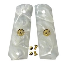 1911 Grips Full Size fit Colt Springfield Grips White Pearl W/Gold Horse Screws