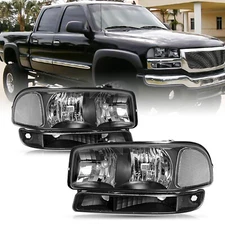 For 1999-2007 GMC Sierra/Yukon 4Pcs Black FACTORY Headlights+Bumper Signal Lamps