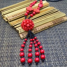 Red Cinnabar Flower Hand-Carved Lucky Beads Pendant Sweater Long Necklace Charm