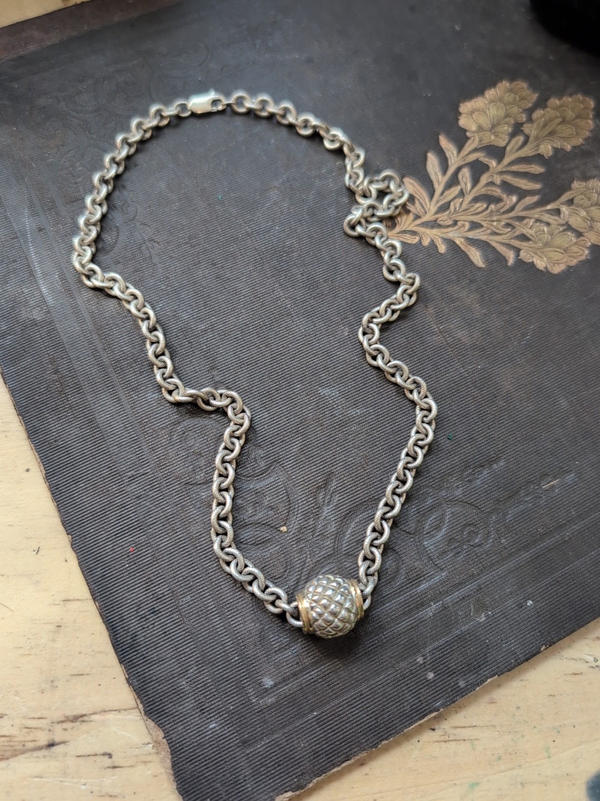 Vintage Sterling Silver Thick Chain Necklace Quilted Bead 16 In
