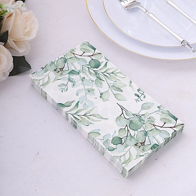 20 White Green Paper Disposable Dinner Napkins Leaves Design Party Decorations - Image 2 of 4