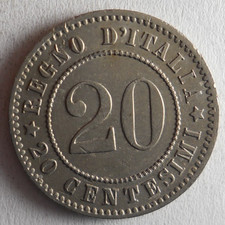 1894 ITALY 20 CENTESIMI - AU/UNC RARE DATE- Excellent Vintage Coin - Lot #B21