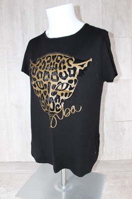 Biba Black Statement T Shirt Top With Gold Foil Leopard Size 10 Party Season